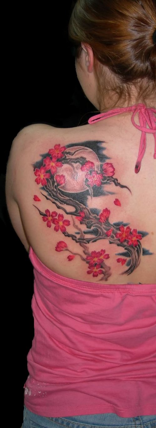 Nice Left Back Shoulder Cherry Blosoom Tattoos